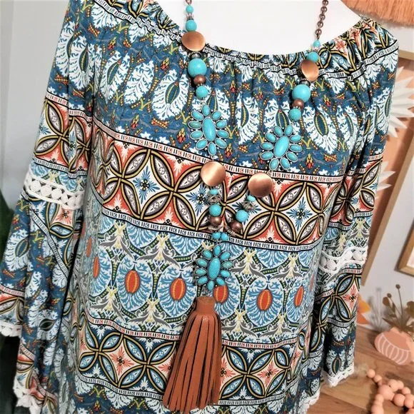 Dress. Teal, Burnt Orange, Multi Print. Southern Fried Chics Brand. Size Small. - Picture 4 of 9